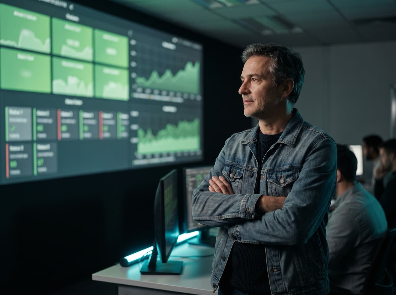 Engineer reviewing production system dashboards in a dark space lit by emerald light
