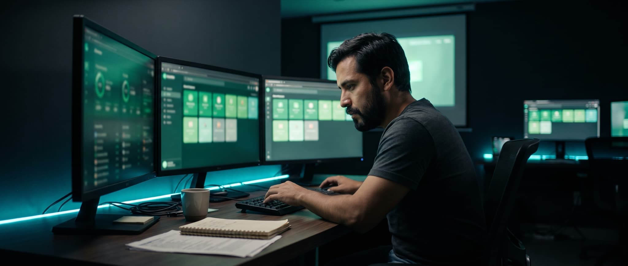 An AI expert works at night in front of several screens bathing his desk in emerald light