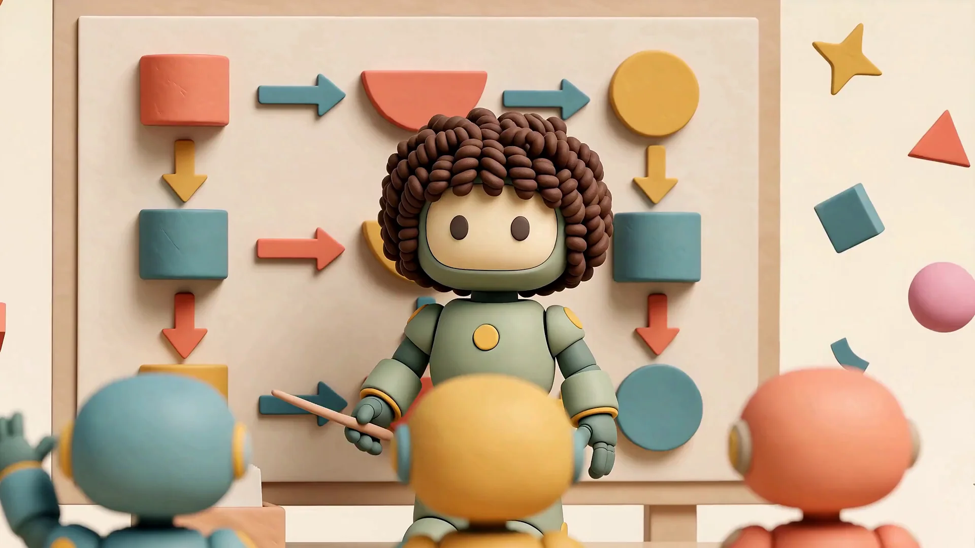 Rulo, the rulocode robot, at the final station of his world